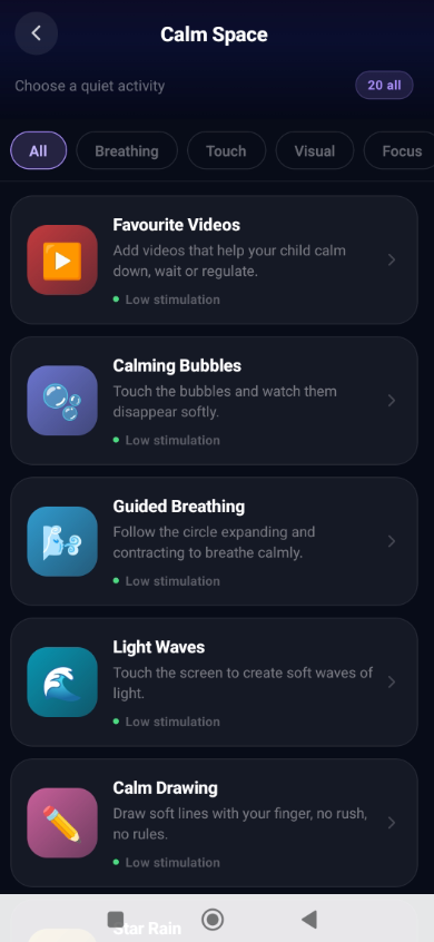 Neurelle Calm Space screen — sensory activities for regulation