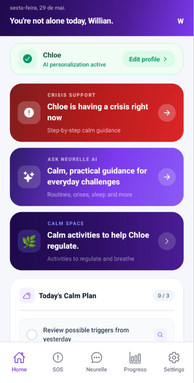 Neurelle Crisis Support screen — step-by-step guidance during a difficult moment